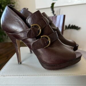 Coach Alexia Leather Buckle Peep Toe Platform Heels Dark Brown Size 9